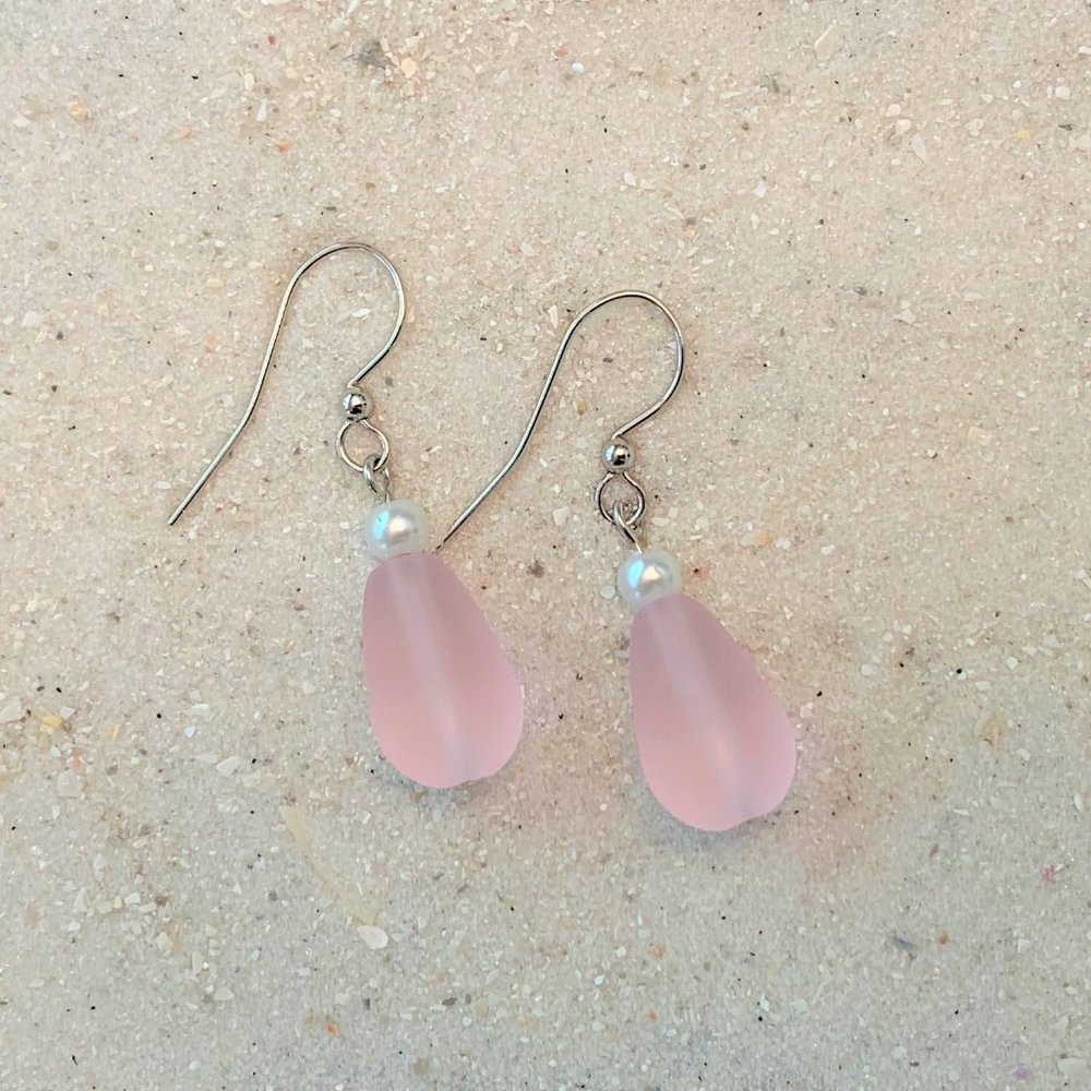 Sea Glass Earrings Pink Dangle with Pearls Women Girls Beach Jewelry Gift